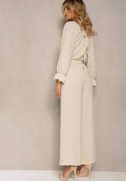 Jasnobeżowy Casualowy Kombinezon z Paskiem i Gumką w Pasie Wiązany na Plecach Melodette