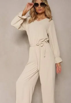 Jasnobeżowy Casualowy Kombinezon z Paskiem i Gumką w Pasie Wiązany na Plecach Melodette