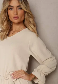 Jasnobeżowy Casualowy Kombinezon z Paskiem i Gumką w Pasie Wiązany na Plecach Melodette