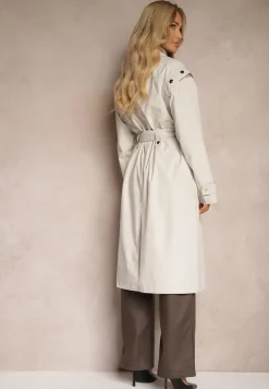 Jasnobeżowy Casualowy Płaszcz Trencz Zapinany na Guziki z Wiązanym Paskiem Naomelia