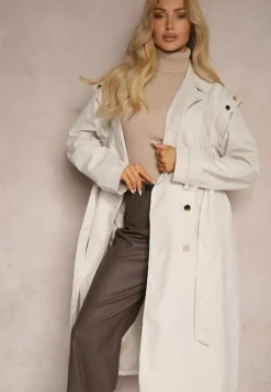 Jasnobeżowy Casualowy Płaszcz Trencz Zapinany na Guziki z Wiązanym Paskiem Naomelia
