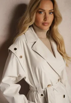 Jasnobeżowy Casualowy Płaszcz Trencz Zapinany na Guziki z Wiązanym Paskiem Naomelia