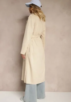 Jasnobeżowy Casualowy Wiązany Płaszcz z Kieszeniami Haliasem