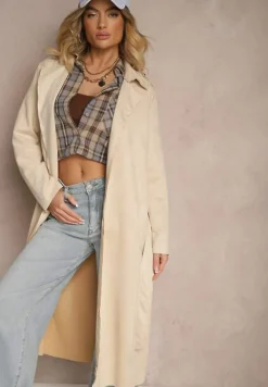 Jasnobeżowy Casualowy Wiązany Płaszcz z Kieszeniami Haliasem