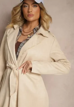 Jasnobeżowy Casualowy Wiązany Płaszcz z Kieszeniami Haliasem