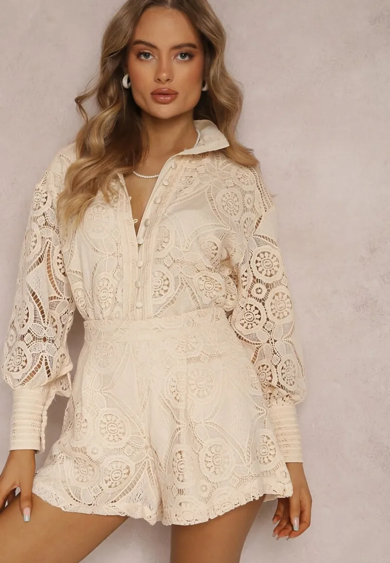 Jasnobeżowy 2-Częściowy Komplet Koronkowy Lolet