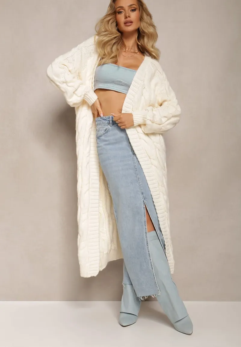 Jasnobeżowy Długi Kardigan Niezapinany w Ozdobny Splot Romillda