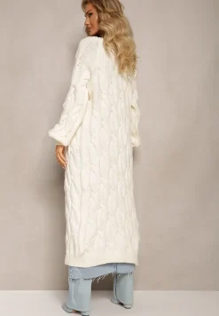 Jasnobeżowy Długi Kardigan Niezapinany w Ozdobny Splot Romillda