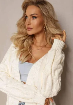 Jasnobeżowy Długi Kardigan Niezapinany w Ozdobny Splot Romillda