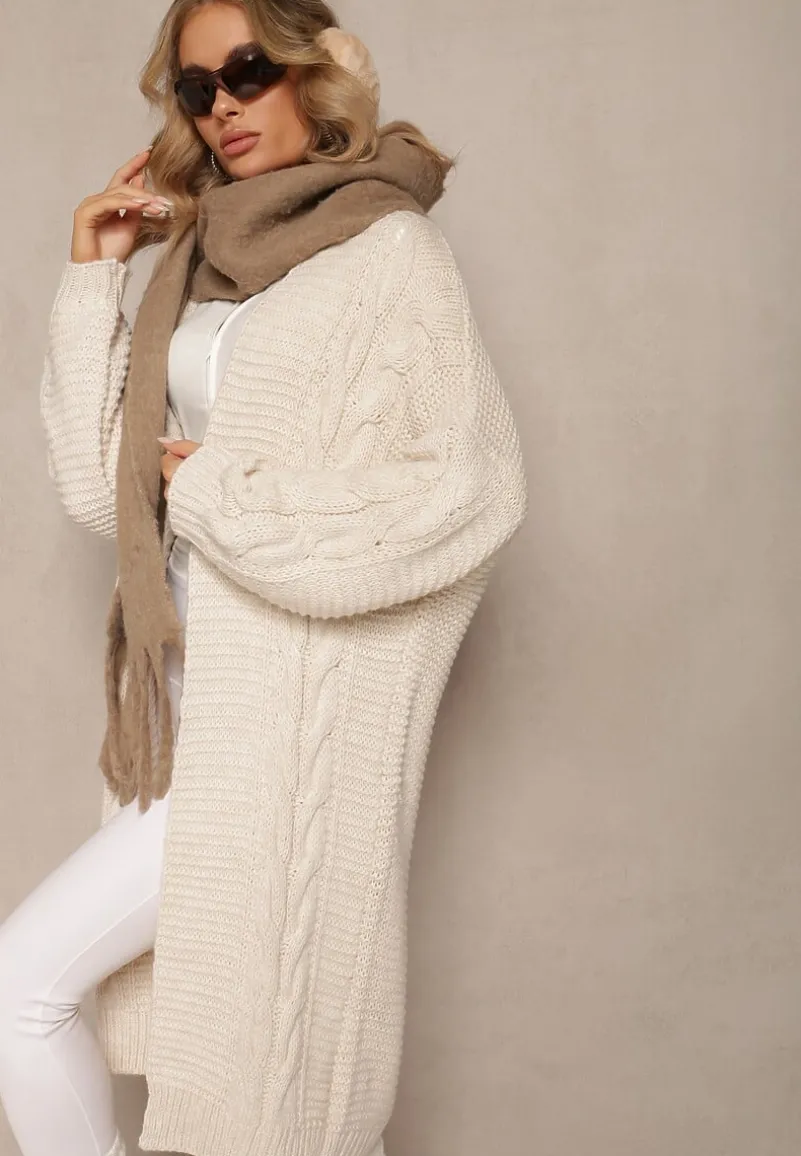 Jasnobeżowy Długi Kardigan z Ozdobnym Szerokim Splotem Havsana