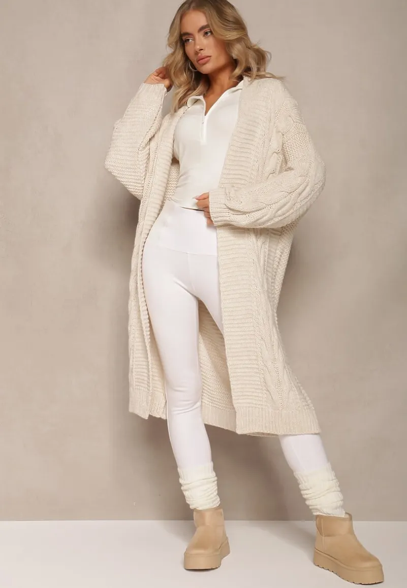 Jasnobeżowy Długi Kardigan z Ozdobnym Szerokim Splotem Havsana