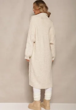 Jasnobeżowy Długi Kardigan z Ozdobnym Szerokim Splotem Havsana