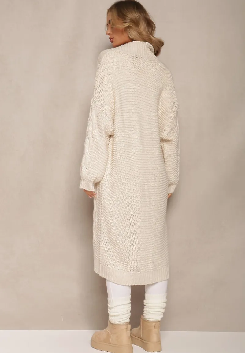 Jasnobeżowy Długi Kardigan z Ozdobnym Szerokim Splotem Havsana