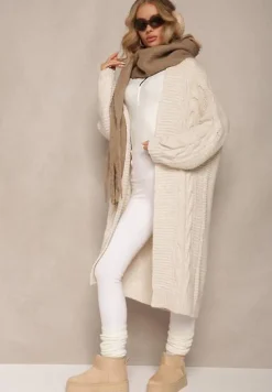Jasnobeżowy Długi Kardigan z Ozdobnym Szerokim Splotem Havsana