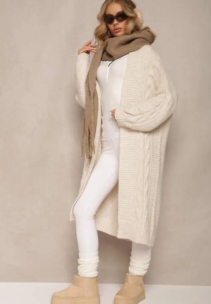 Jasnobeżowy Długi Kardigan z Ozdobnym Szerokim Splotem Havsana