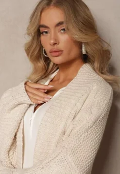Jasnobeżowy Długi Kardigan z Ozdobnym Szerokim Splotem Havsana