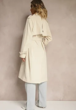 Jasnobeżowy Dwurzędowy Płaszcz Typu Trencz z Pagonami i Paskiem w Talii Malwizia