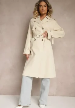 Jasnobeżowy Dwurzędowy Płaszcz Typu Trencz z Pagonami i Paskiem w Talii Malwizia