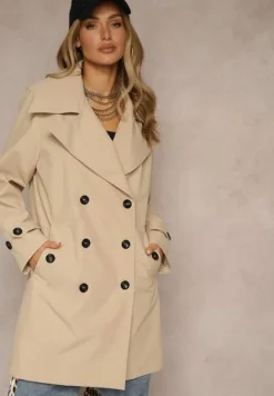 Jasnobeżowy Dwurzędowy Płaszcz z Wiskozą o Fasonie Typu Trencz Sovmio