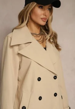 Jasnobeżowy Dwurzędowy Płaszcz z Wiskozą o Fasonie Typu Trencz Sovmio