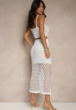 Jasnobeżowy Dzianinowy Komplet Top na Ramiączkach i Spódnica z Siateczkowej Tkaniny Tiarienne