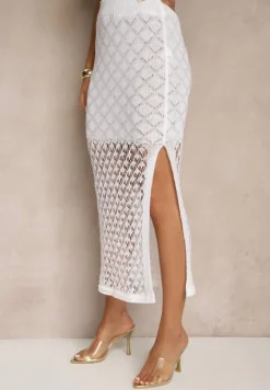 Jasnobeżowy Dzianinowy Komplet Top na Ramiączkach i Spódnica z Siateczkowej Tkaniny Tiarienne