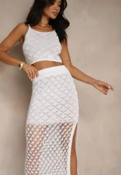 Jasnobeżowy Dzianinowy Komplet Top na Ramiączkach i Spódnica z Siateczkowej Tkaniny Tiarienne