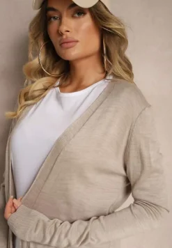 Jasnobeżowy Kardigan Bez Zapięć o Prostym Kroju ze Wsuwanymi Kieszonkami Torinia
