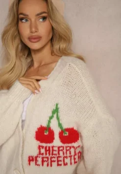 Jasnobeżowy Kardigan z Domieszką Wełny z Napisem i Wiśnią Benana