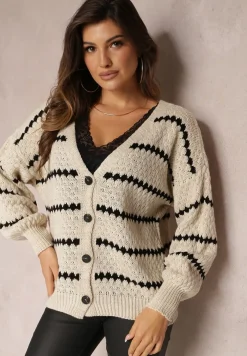 Jasnobeżowy Kardigan Zapinany w Paski Oullas