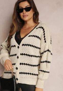 Jasnobeżowy Kardigan Zapinany w Paski Oullas