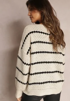 Jasnobeżowy Kardigan Zapinany w Paski Oullas