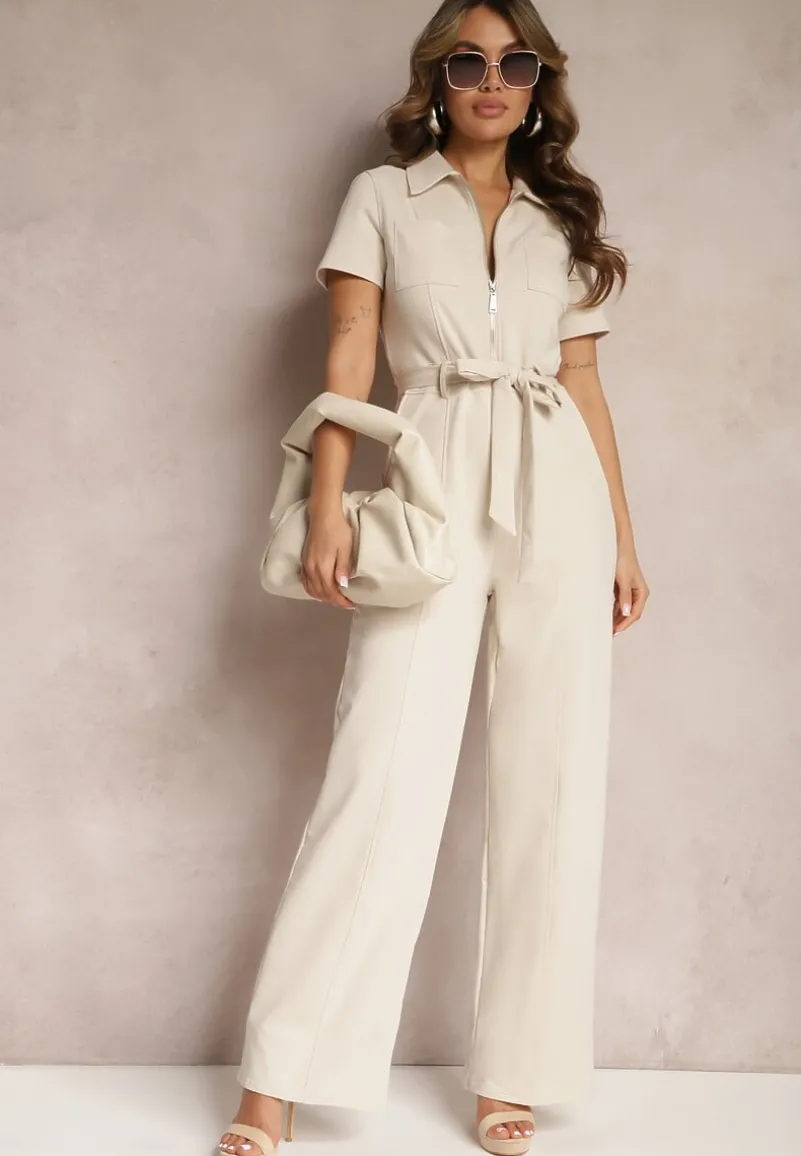 Jasnobeżowy Kombinezon z Elastycznej Bawełny z Suwakiem i Wiązanym Paskiem Ecatra