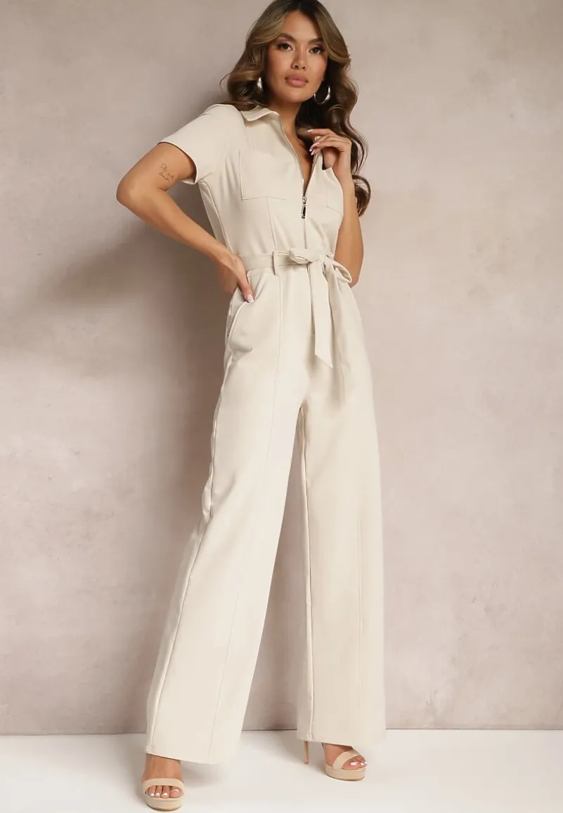 Jasnobeżowy Kombinezon z Elastycznej Bawełny z Suwakiem i Wiązanym Paskiem Ecatra