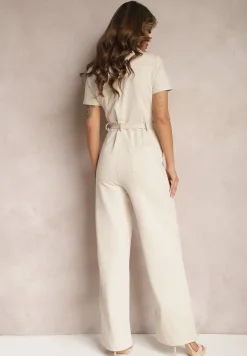 Jasnobeżowy Kombinezon z Elastycznej Bawełny z Suwakiem i Wiązanym Paskiem Ecatra