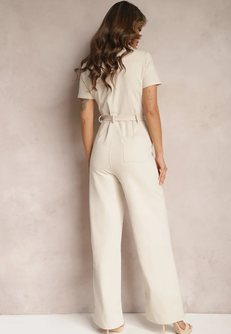 Jasnobeżowy Kombinezon z Elastycznej Bawełny z Suwakiem i Wiązanym Paskiem Ecatra