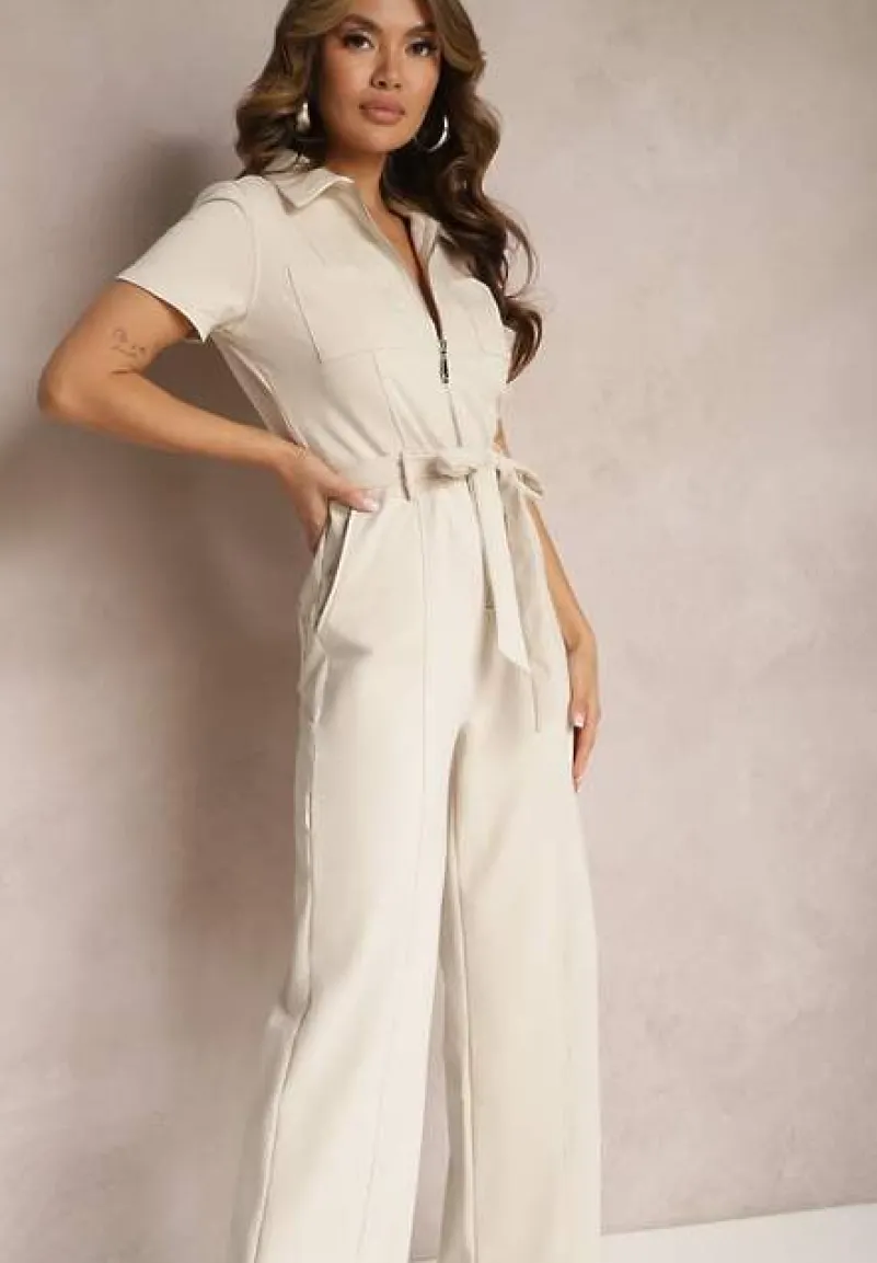 Jasnobeżowy Kombinezon z Elastycznej Bawełny z Suwakiem i Wiązanym Paskiem Ecatra