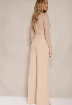 Jasnobeżowy Kombinezon z Koronki z Wiskozą z Wszytym Paskiem z Aplikacją Ninadira