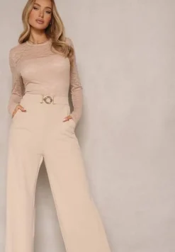 Jasnobeżowy Kombinezon z Koronki z Wiskozą z Wszytym Paskiem z Aplikacją Ninadira