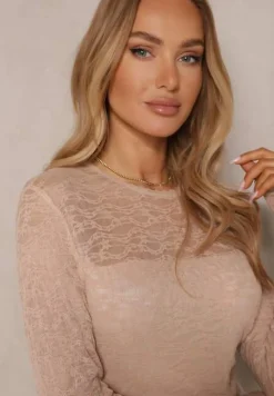 Jasnobeżowy Kombinezon z Koronki z Wiskozą z Wszytym Paskiem z Aplikacją Ninadira