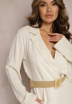 Jasnobeżowy Kombinezon z Paskiem z Plecionki Kopertową Górą i Zwężającymi się Nogawkami Avnja