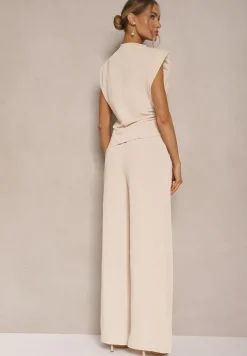 Jasnobeżowy Komplet Bluzka z Poduszkami w Ramionach i Proste Spodnie z Gumką w Pasie Divanes