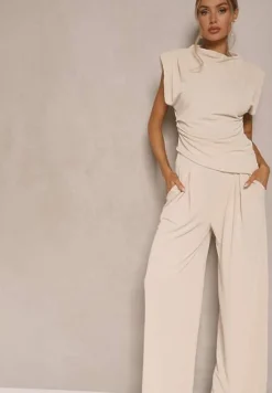 Jasnobeżowy Komplet Bluzka z Poduszkami w Ramionach i Proste Spodnie z Gumką w Pasie Divanes