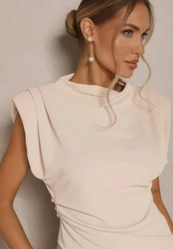 Jasnobeżowy Komplet Bluzka z Poduszkami w Ramionach i Proste Spodnie z Gumką w Pasie Divanes