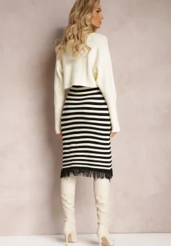 Jasnobeżowy Komplet 2-Częściowy Sukienka w Paski i Kardigan Krótki na Guziki Orivela