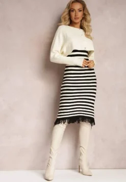 Jasnobeżowy Komplet 2-Częściowy Sukienka w Paski i Kardigan Krótki na Guziki Orivela