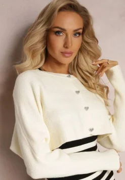 Jasnobeżowy Komplet 2-Częściowy Sukienka w Paski i Kardigan Krótki na Guziki Orivela