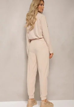 Jasnobeżowy Komplet Dresowy w Prążki Bluza Kurtka Rozpinana z Kołnierzykiem i Spodnie Lisulla