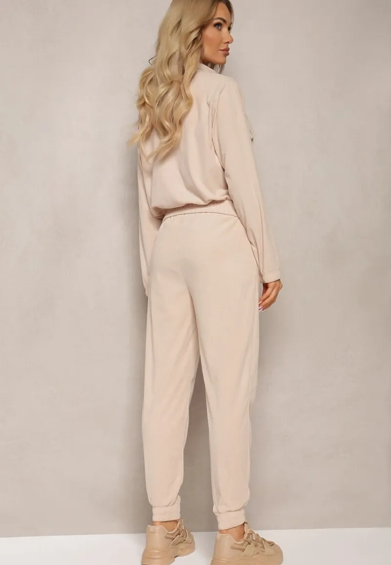 Jasnobeżowy Komplet Dresowy w Prążki Bluza Kurtka Rozpinana z Kołnierzykiem i Spodnie Lisulla