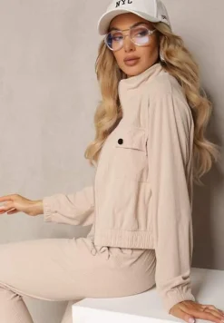 Jasnobeżowy Komplet Dresowy w Prążki Bluza Kurtka Rozpinana z Kołnierzykiem i Spodnie Lisulla